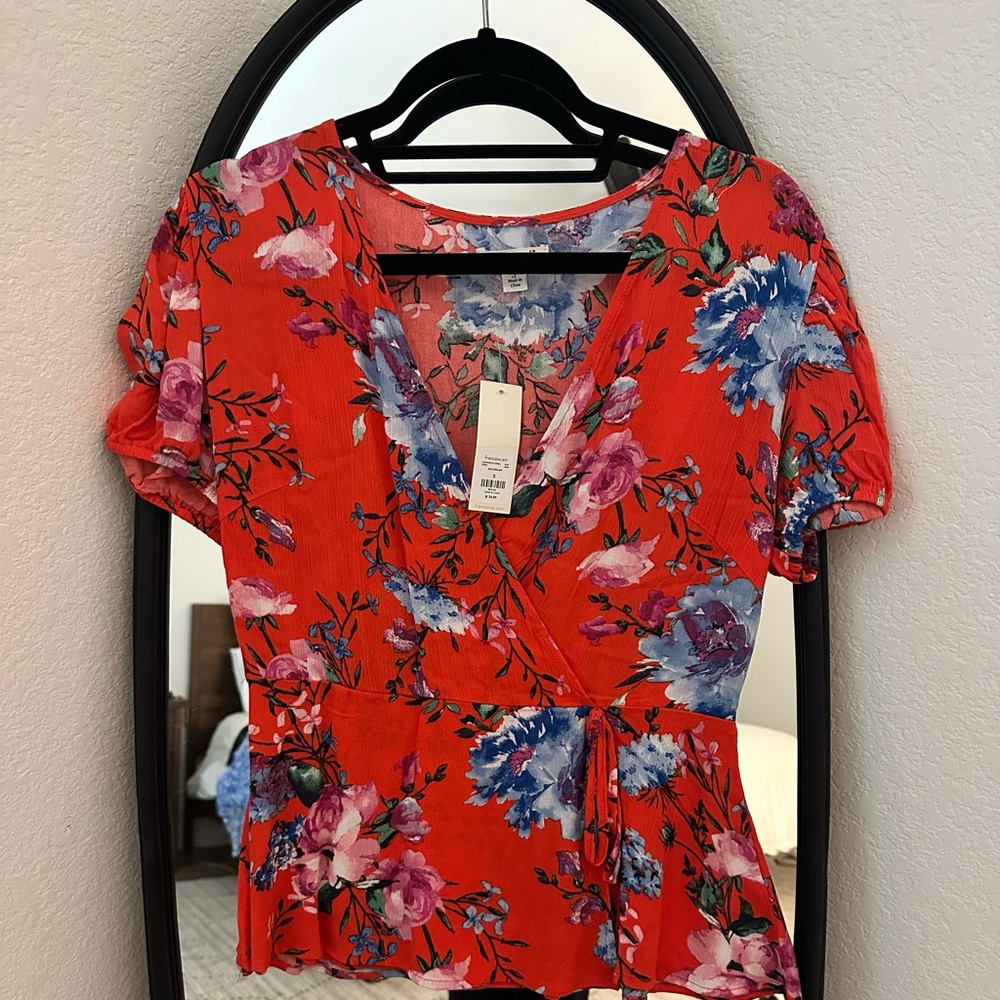 Light red floral wrap top
